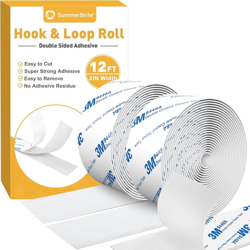 Summerbrite 12ft x 2 Inch Hook and Loop Tape, Heavy Duty Double-Sided Adhesive Strips, Strong Sticky Back Fastener Roll, Cuttable Interlocking Tape Fasteners for Home, Office, Car, School & DIY Crafts White - Image 1